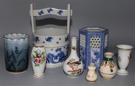 Three Herend miniature vases, seto ware bucket & 4 other pieces